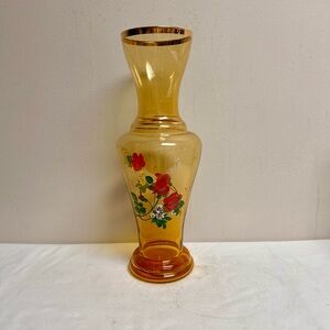 Vintage Italian Amber Glass Vase with Red Rose Floral Design and Gold Trim 17”H